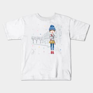 Beautiful fashion girl in winter clothes in Old Town Kids T-Shirt